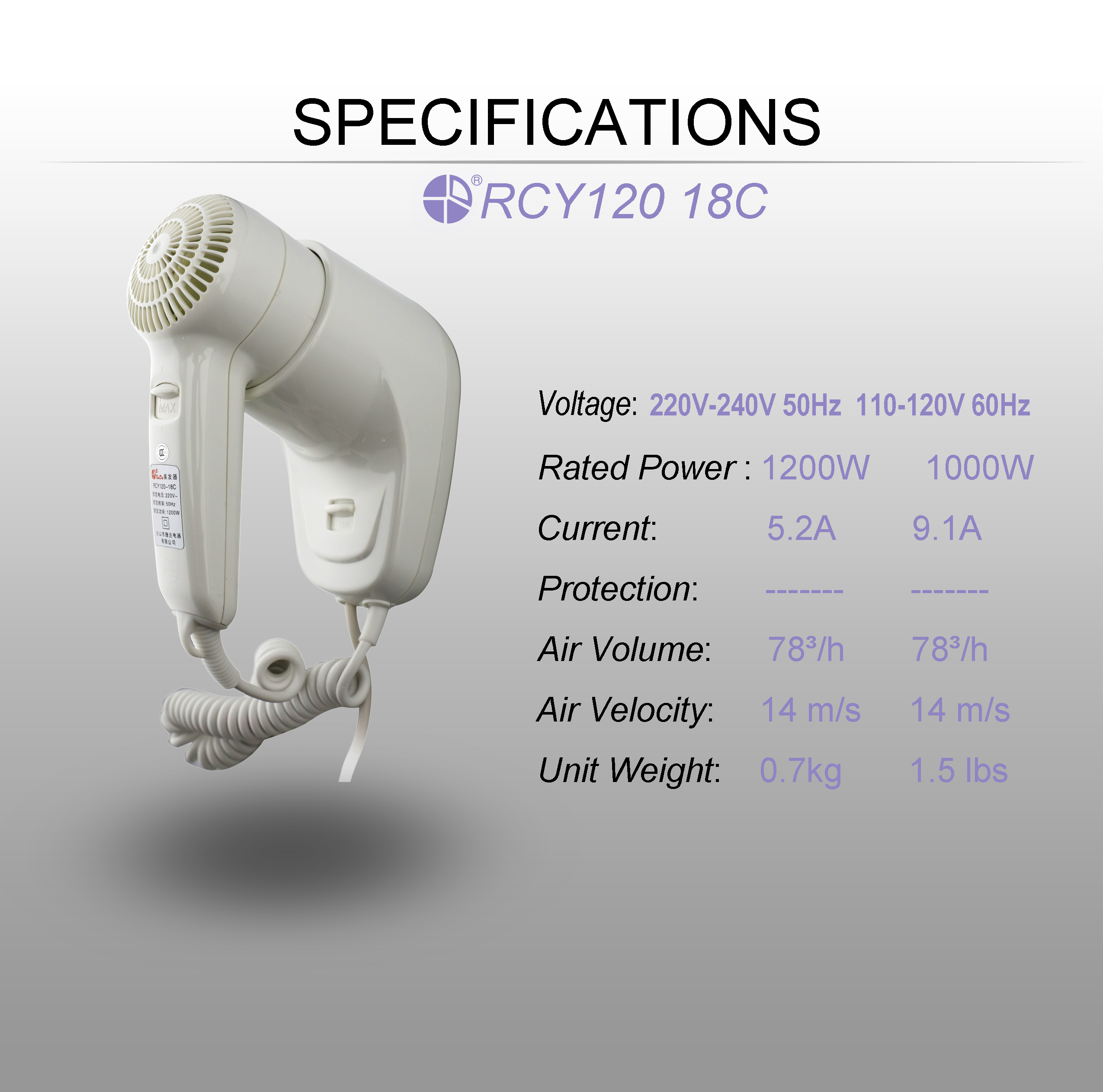 Der elektrische Haartrockner XinDa RCY-120 18C für Haushaltsgeräte und Studenten-Haartrockner